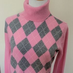 Pink and Gray Argyle Turtleneck Sweater